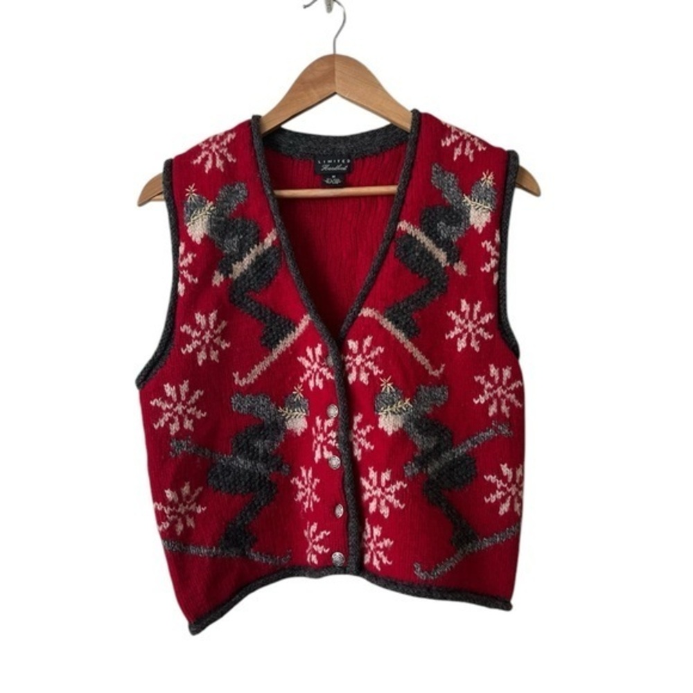 THE LIMITED Vintage Red & Gray Shetland Wool Vest  w/ Skiers ⛷ & Snowflakes ❄️ M